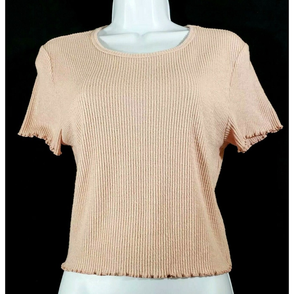 American Eagle Women Large Blouse Blush Ribbed Lettuce Edge Short Sleeve Stretch